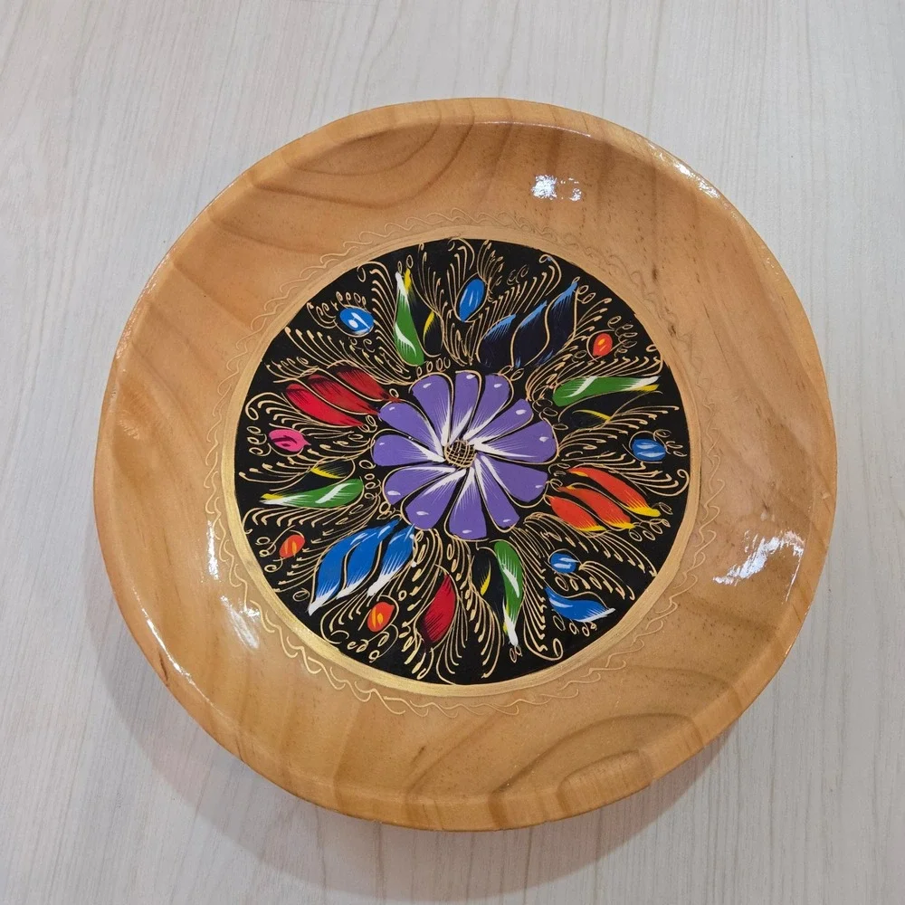 Hand Painted Wood Decorative Plate Floral Mandala Folk Art Glossy Brown Purple